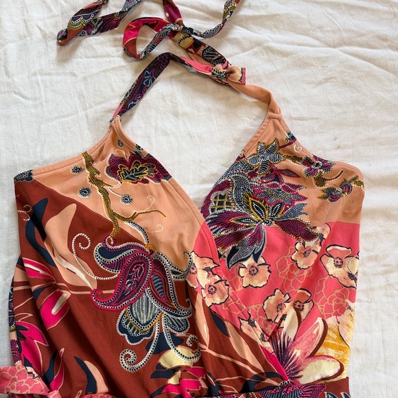 Veronica M Floral Halter Wide-Leg Jumpsuit in Rust and Pink - Picture 4 of 5